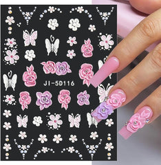 5D Geprägte Blume Nagelsticker Nagelfolie Selbstklebend Acryl Geschnitzte Blumen Nagelaufkleber Schmetterling Nail Sticker Blütenblätter Nageldesign Aufkleber Nägel Zubehör Flower Nail Art Stickers