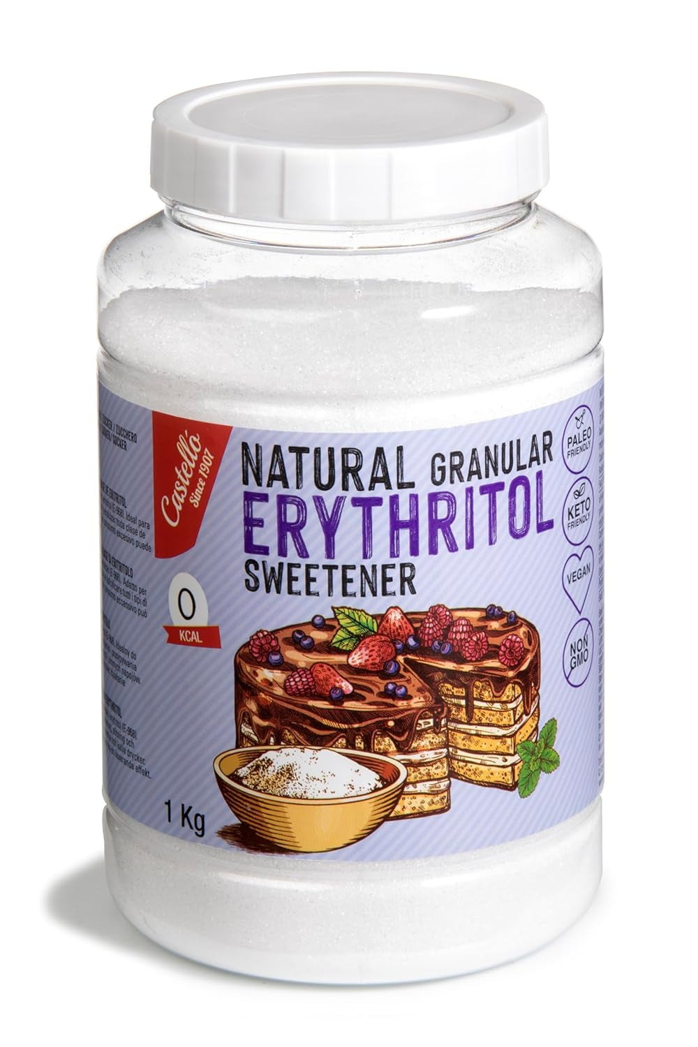 Natural Erythrit - Kristallzucker | 10G = 7G Zucker | Natürlicher Zuckerersatz - 0 Kalorien - 0 Glykämischer Index - Keto Und Paleo - 0 Netto-Kohlenhidrato - Kein GVO - Castello since 1907-1Kg Edulcorantes Naty Shop 1 Kg (1Er Pack)