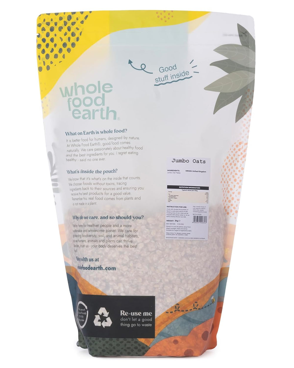 Avena Wholefood Earth Jumbo - Sin OGM - vegana - sin lácteos - sin azúcares añadidos 2 kg