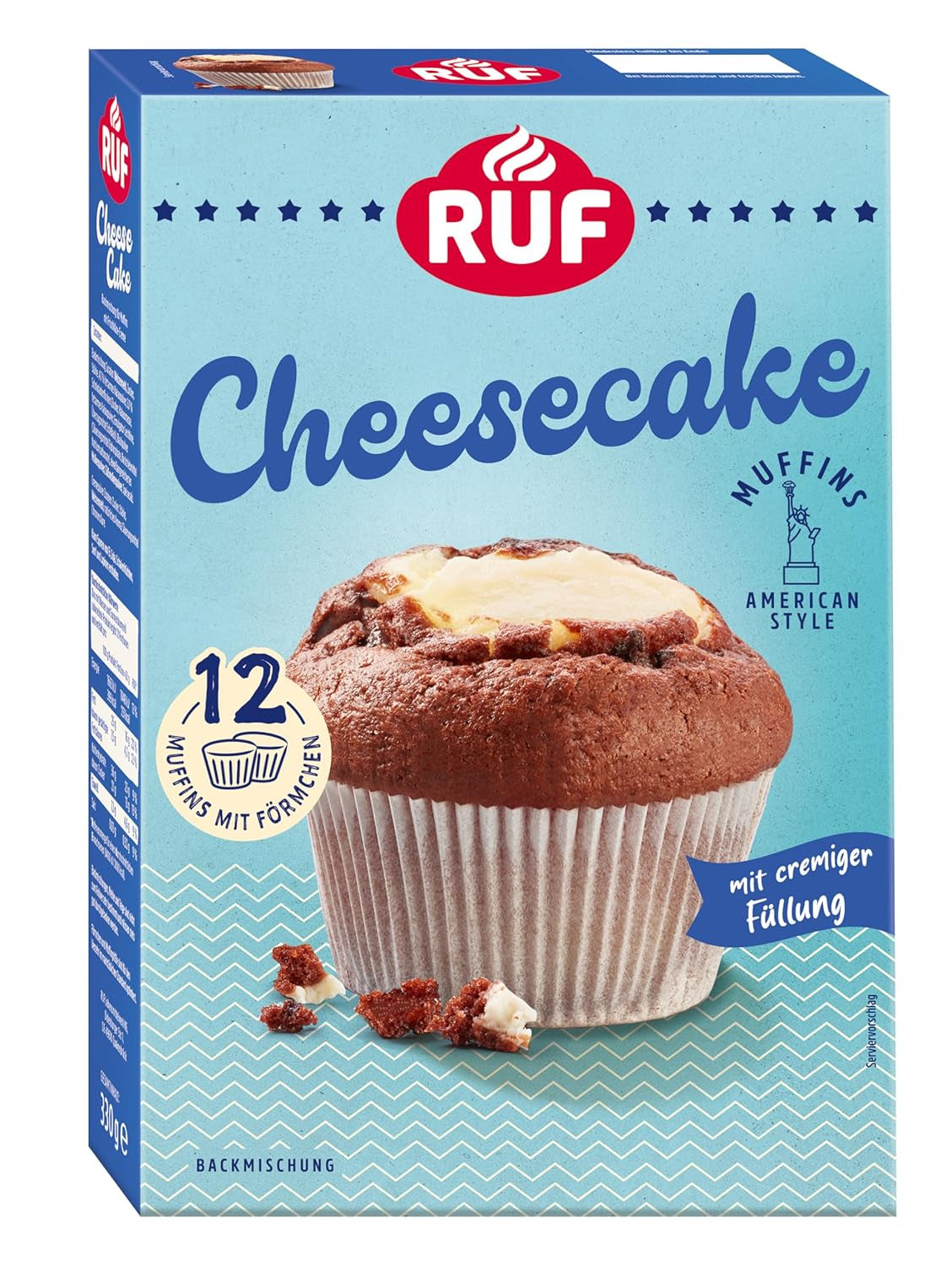 RUF Cheesecake-Muffins Backmischung, American Style Muffins Mit Cremiger Füllung, Einfache Zubereitung, 12 Muffins-Förmchen Inklusive Naty Shop Cheesecake 330 G (paquete 1)