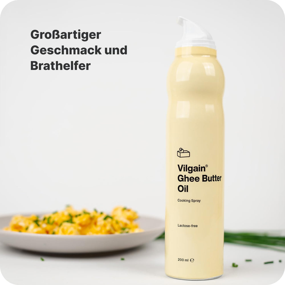Vilgain Ghee Spray con aceite de aguacate | Sin lactosa, zum Kochen & Backen | Rauchpunkt 195°C, herzgesund, certificado BRC | Ideal para personas sensibles a la lactosa Geschmacks-Harmonie, 200ml