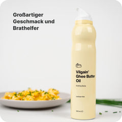 Vilgain Ghee Spray con aceite de aguacate | Sin lactosa, zum Kochen & Backen | Rauchpunkt 195°C, herzgesund, certificado BRC | Ideal para personas sensibles a la lactosa Geschmacks-Harmonie, 200ml