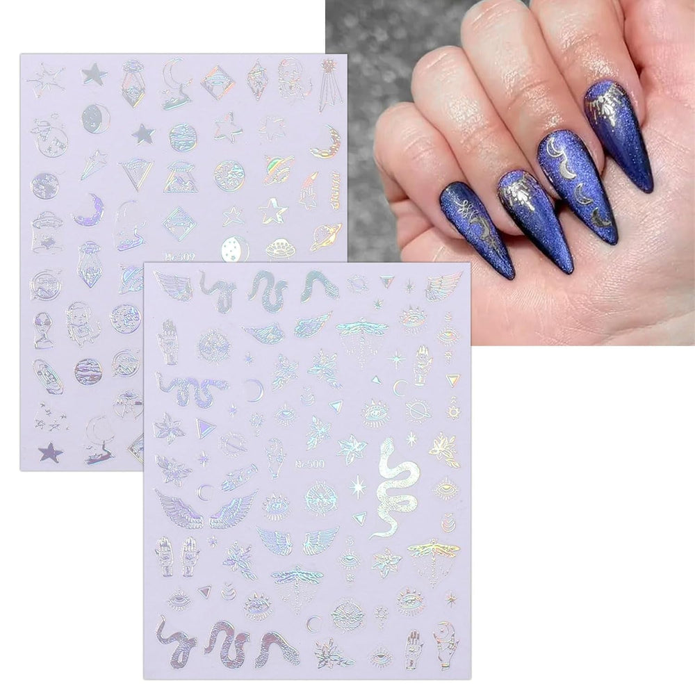 JMEOWIO Nagelsticker Mond Stern Schlange 10 Blatt Nail Art Sticker Selbstklebend Nagelaufkleber Aurora Dekoration Nageldesign Zubehör