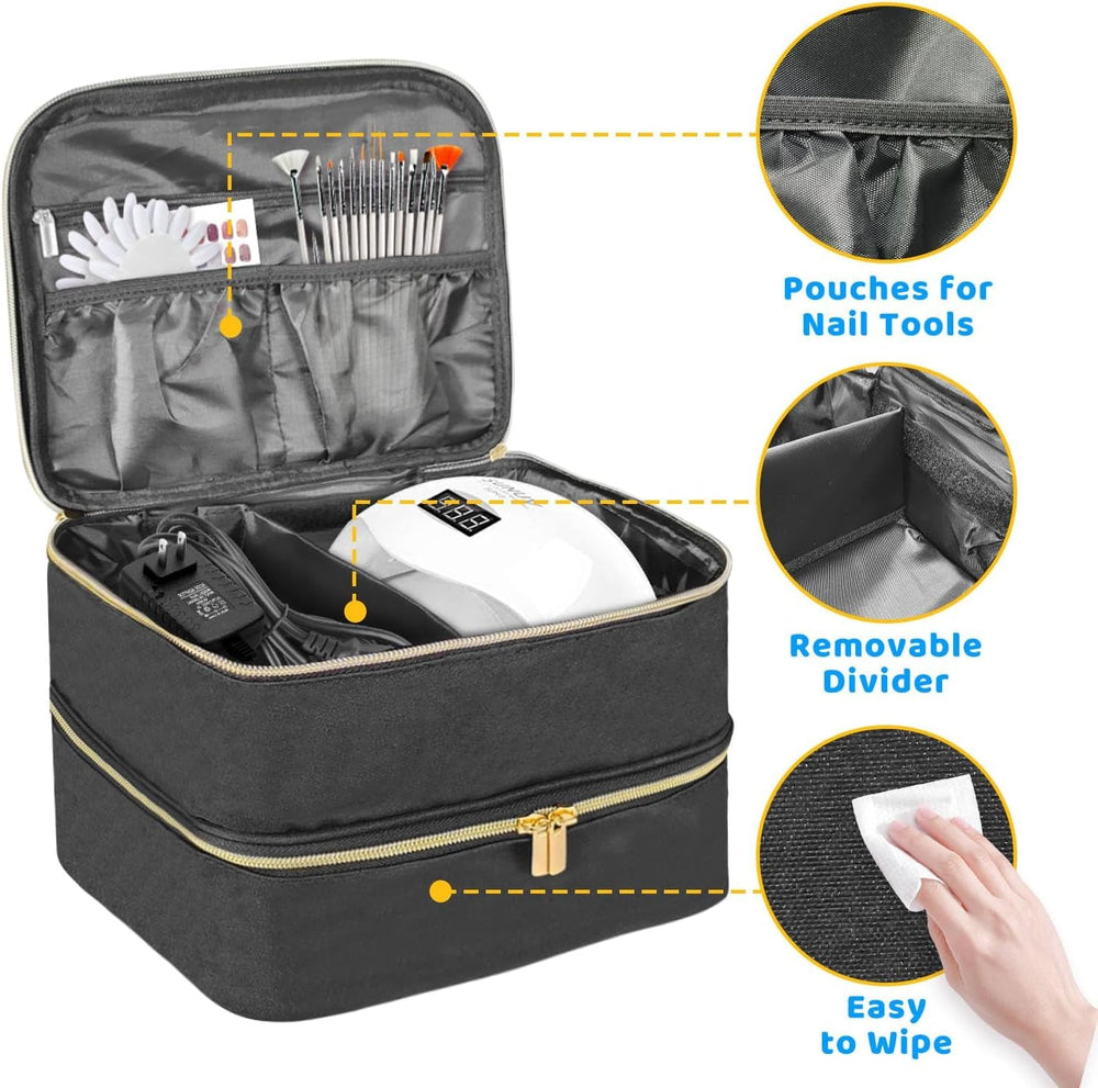 Nagellack Organizer Tasche, Doppelschicht Nagellack Aufbewahrung Box, Organizer Koffer Für Nageldesign Kosmetiktasche Für 30 Flaschen Neonail Base(15Ml-0.5 Fl.Oz) & 1 Nagellampe(Schwarz)