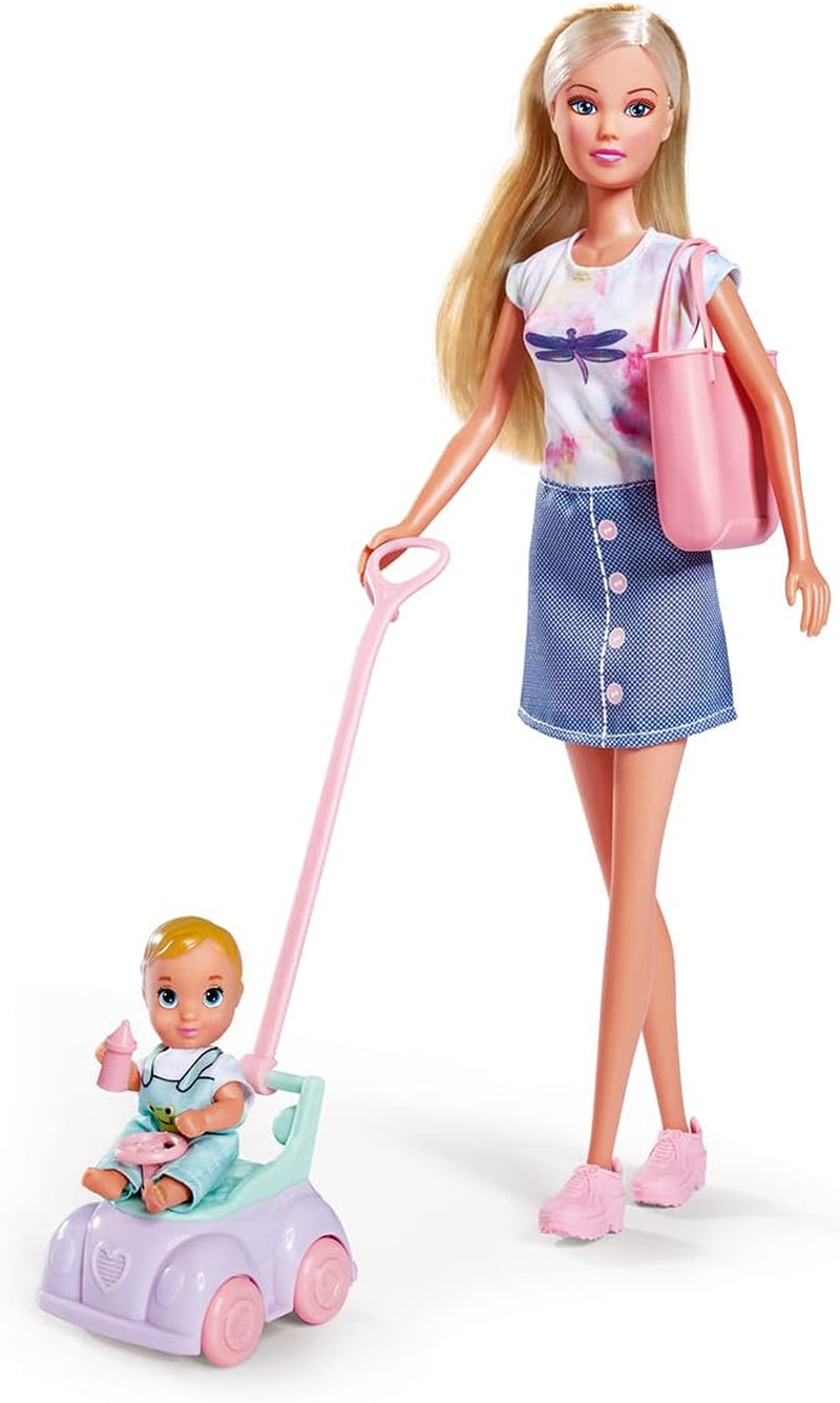 Simba 105733585 - Steffi Love Baby Car, Ankleidepuppe mit Kind, Laufauto, función 2 en 1, mit Handtasche und Babyzubehör, 12 Teile, 29cm Puppe, ab 3 Jahren