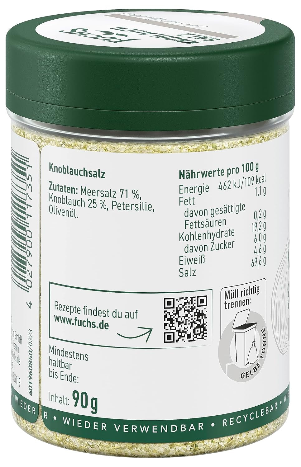 Fuchs Gewürze - Knoblauchsalz - Gewürzsalz für Dips, Saucen und Gemüse - ingredientes naturales - 90 g en wiederverwendbarer, recyclebarer Dosis