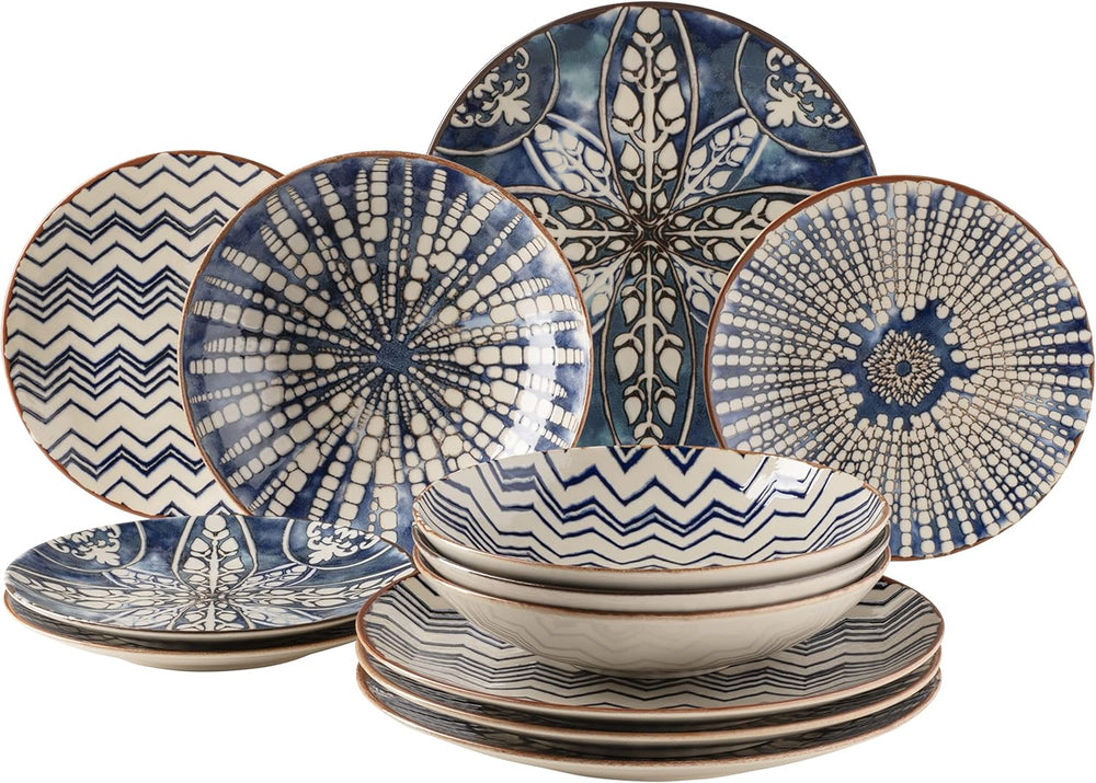 Serviciu de masă MÄSER 934017 Iberico Blue pentru 4 persoane, format din 12 piese, în stil maur, cu diverse modele vintage în alb și albastru, ceramică