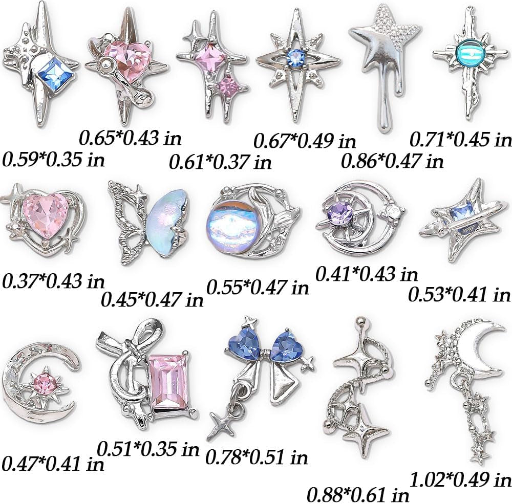 16 Stile Luxus Mond Stern Nagel Charms 3D Nail Charms Y2K Legierung Strasssteine Bogen Schmetterling Nagel Schmuck Metall Nail Art Charms Nägel Glitzersteine Nailart Rhinestones Nageldesign Zubehör