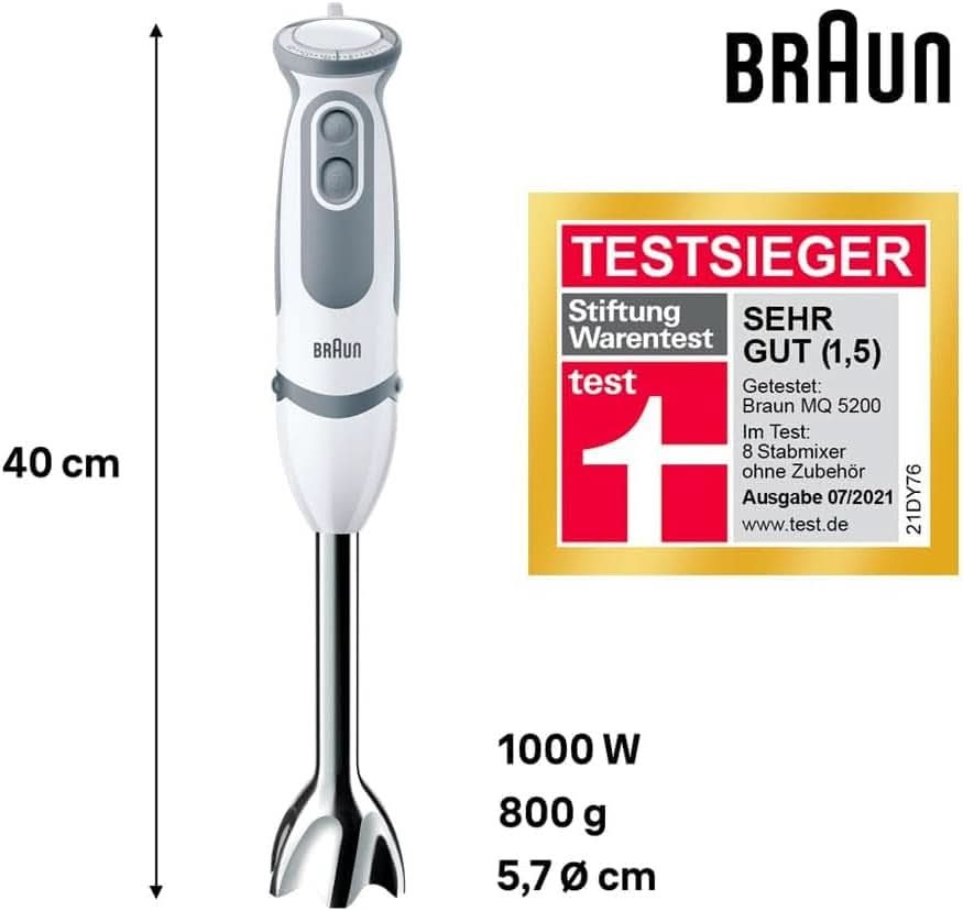 Braun Stabmixer MQ 5200WH - Multiquick 5 Vario Pürierstab Mit Edelstahl Mixfuß, 1000 Watt, Inkl. 600 Ml Mix- & Messbecher, Weiß/Grau Cocina Naty Shop