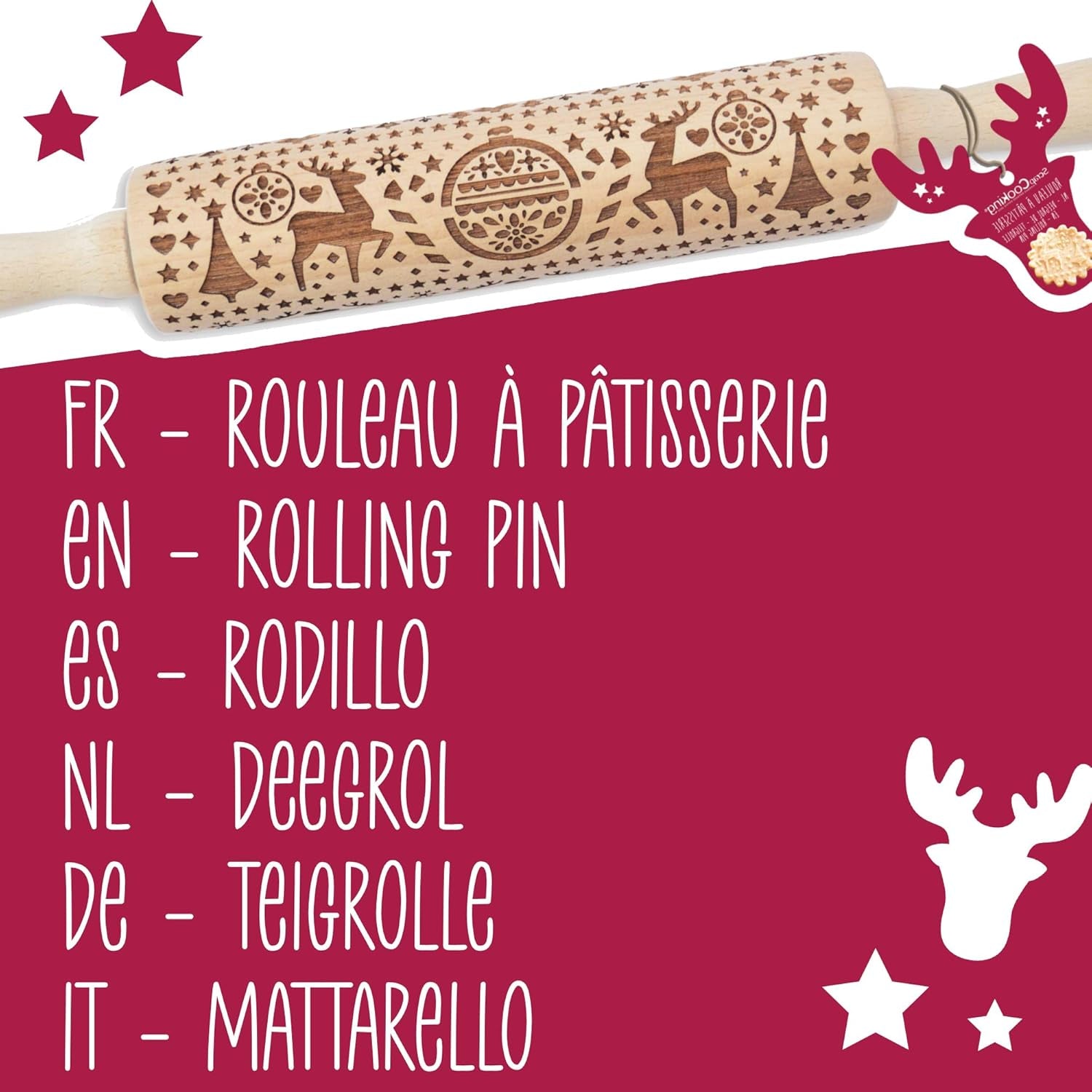 Scrap Cooking Teigrolle aus Holz "Xmas" mit weihnachtlichen Motiven – Prägerolle mit gepfragten Verzierungen für Kekse – Zubehör decorativo – 5242