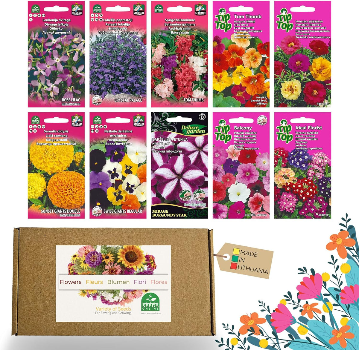 Nojus Set de Semillas de Flores - 10 Variedades de Semillas de Flores - Semillas de Flores para Balcón - Semillas de Plantas Coloridas - 10 Paquetes - Semillas de Flores Silvestres - Bolsitas de Semillas de Flores - Regalo Ideal de Semillas de Flores