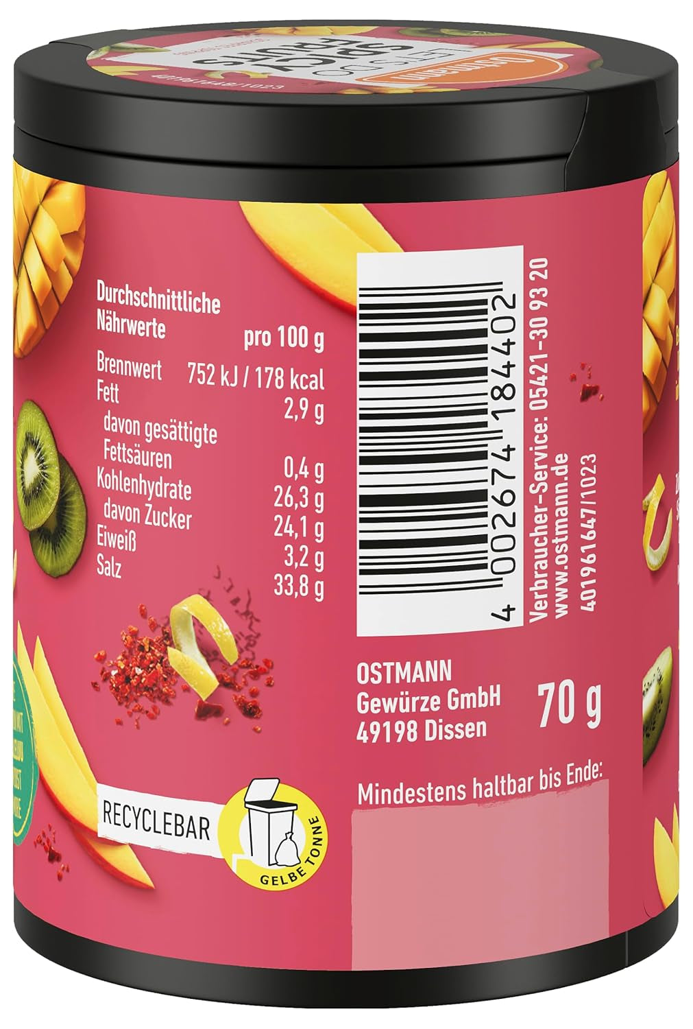 Ostmann Gewürze - Let's Do Spicy Fruits | Würzmischung für süßes Obst kreiert von Lalaleluu | scharfes Obst-Topping mit Chili und Pfeffer, lecker auf Apfel oder Mango | 70 g in recyclebarer Metalldose