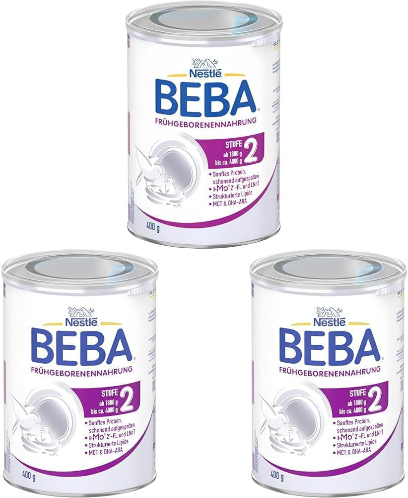BEBA Fórmula para bebés prematuros etapa 2: bebés prematuros después del alta hospitalaria Alimentos para bebés Leche en polvo para bebés Paquete de 3 (1 x 400 g)
