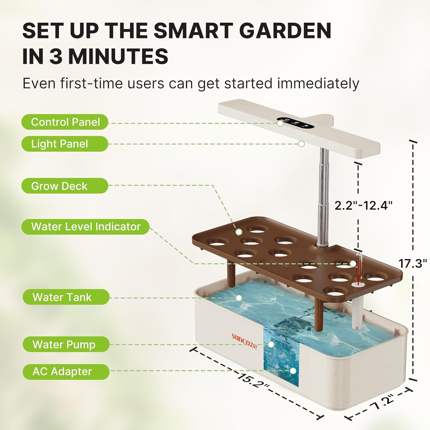 Kit de sistema de cultivo hidropónico de 12 cápsulas, lámpara LED de jardín interior de 24 W, tanque de agua de 4 L con bomba silenciosa, macetero de hierbas de altura ajustable, kit de jardinería interior, regalos de jardinería, color beige