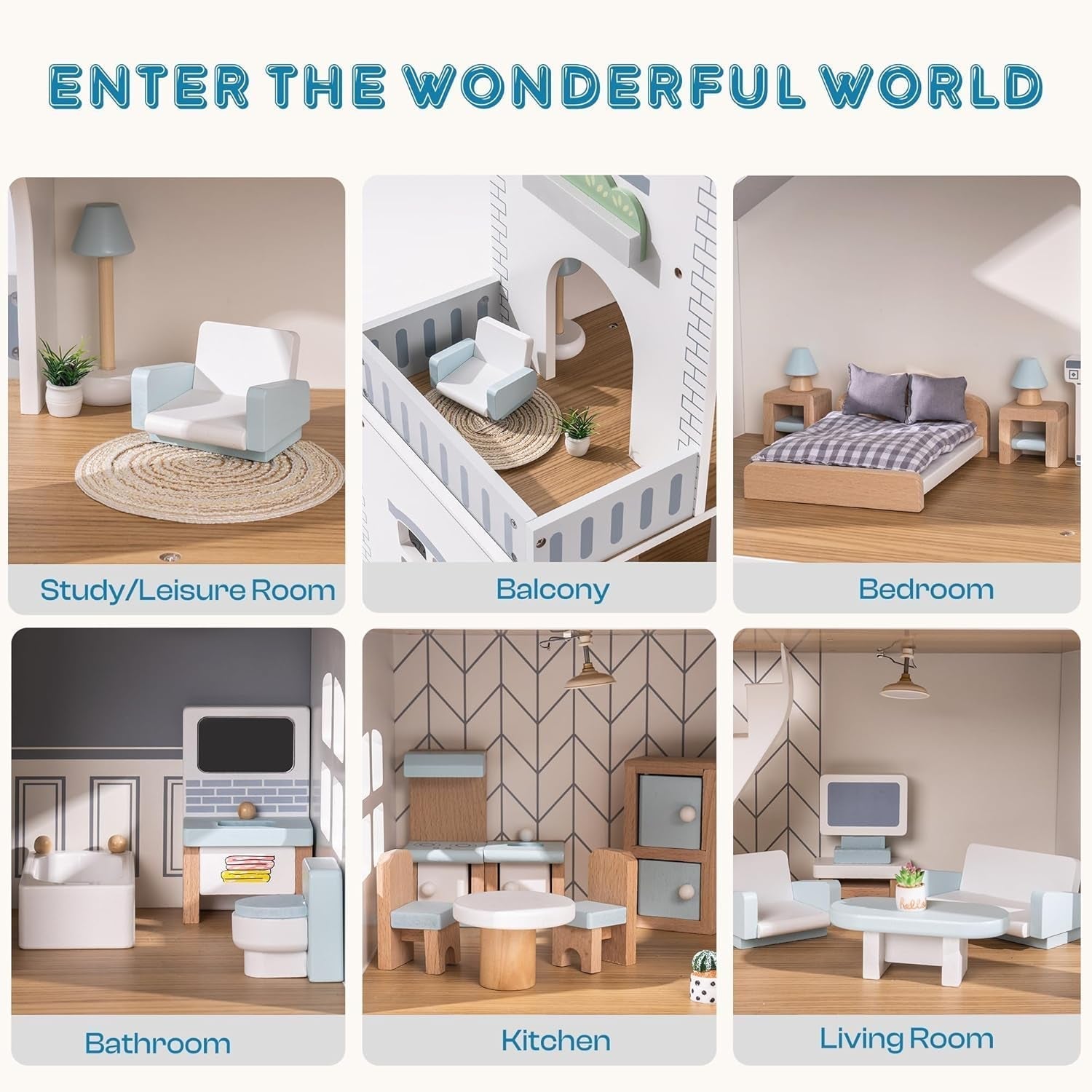 Casă de păpuși din lemn cu lumini, 3 etaje, inclusiv mobilier și scări, jucărie pentru copii cu vârsta de peste 3 ani Casute de papusi Naty Shop