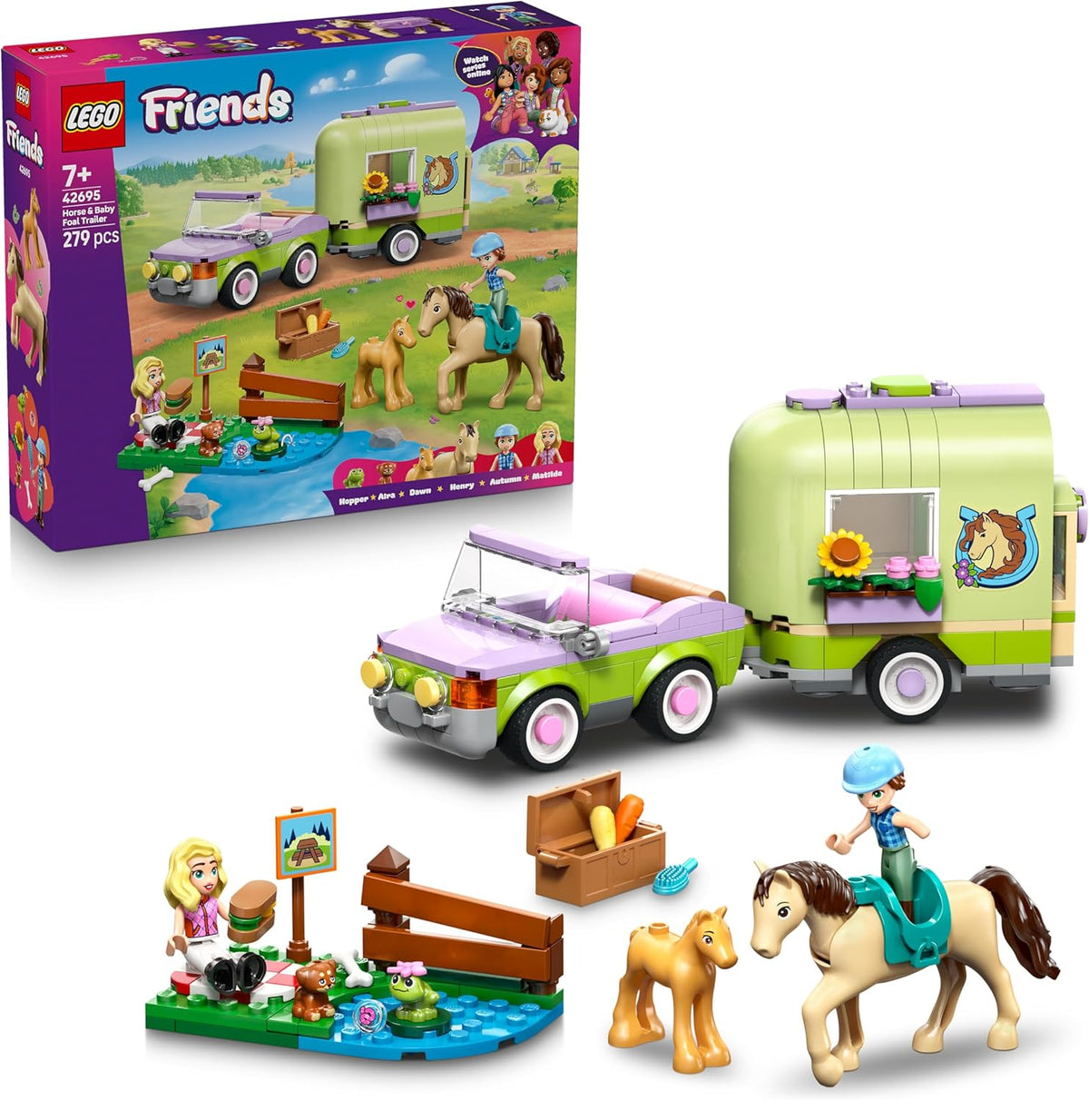LEGO Friends Pferd und Fohlen mit Pferdeanhänger - Pferde Spielset mit Pflegezubehör, 4 Tierfiguren, Auto & 2 Mini Puppen - Geschenkeidee zum Geburtstag für Mädchen ab 7 Jahren - 42695
