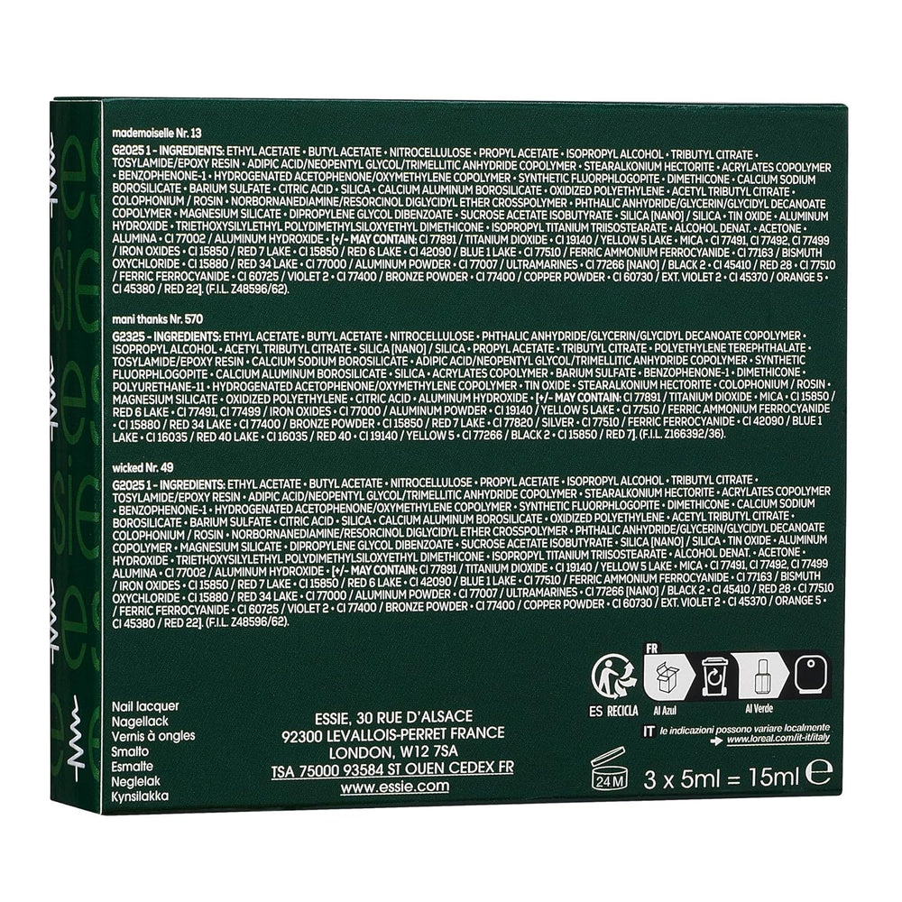 Kit Essie Mini Trio NAVIDAD, núm. 13 Señorita + núm. 49 Wicky + núm. 570 Mani Gracias, 3 x 15 ml