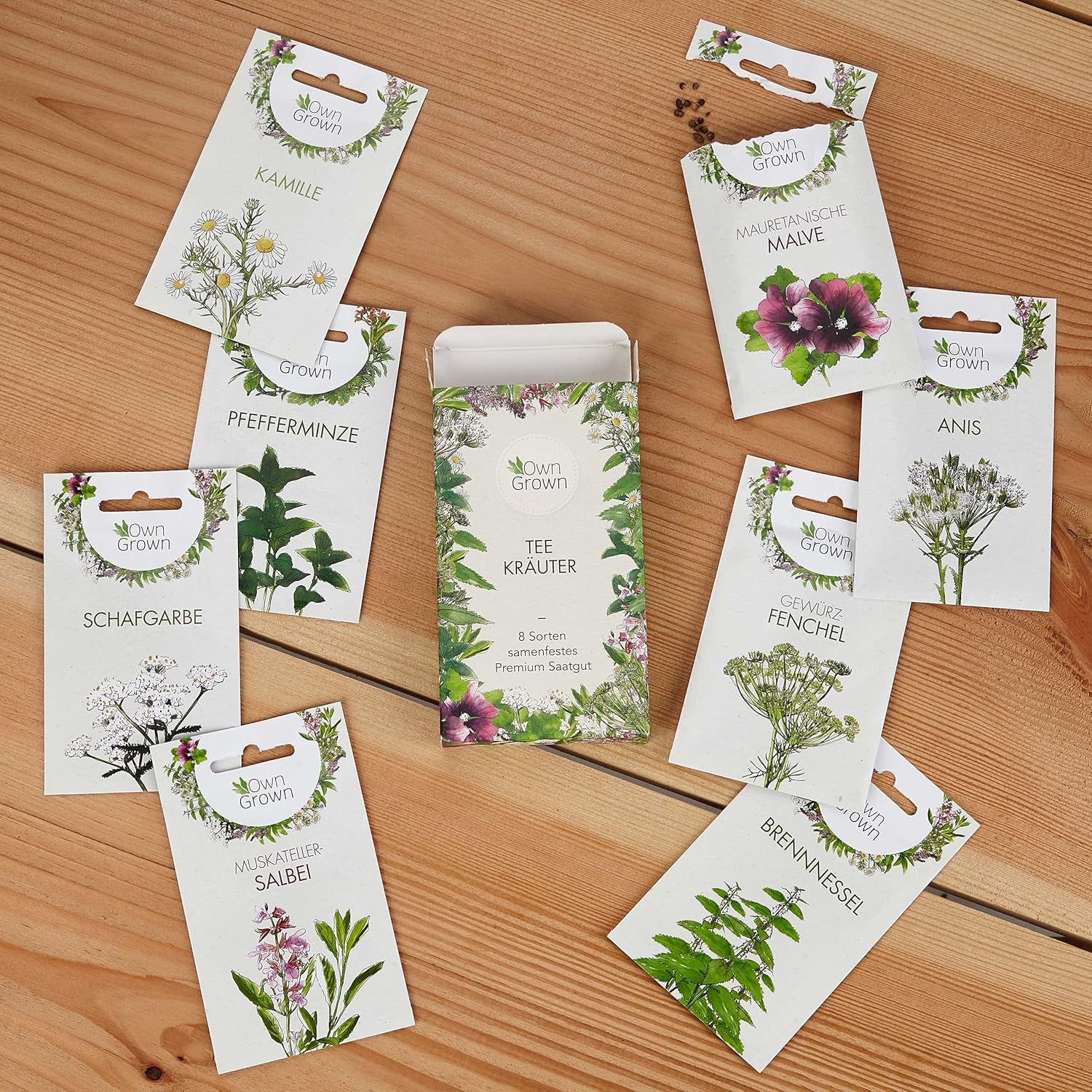 Set de semillas de té: 8 variedades de semillas para balcón y jardín - menta, manzanilla, anís, ortiga, malva - semillas de plantas - té - caja de té - Plantas OwnGrown