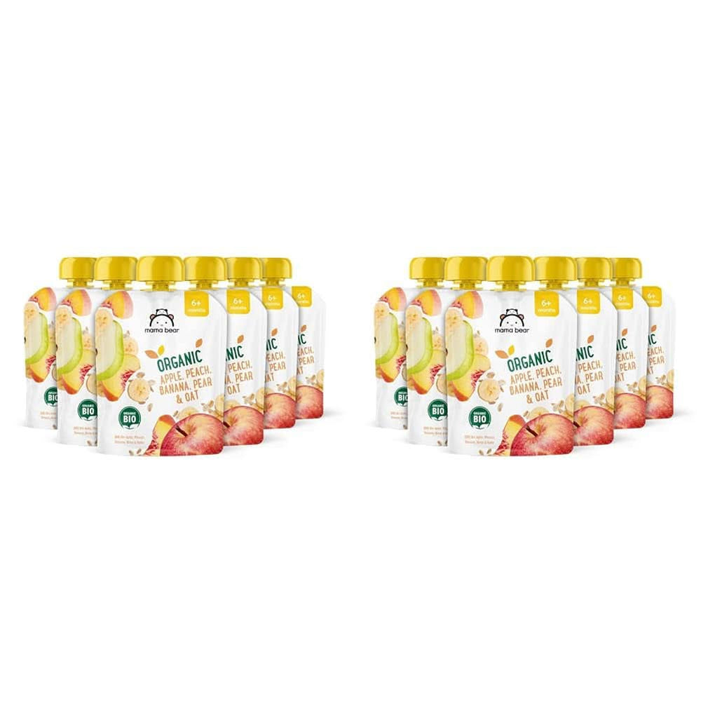 Mama Bear, puré orgánico de diferentes frutas, set 6 x 90 gramos Madre e Hijo Naty Shop 12 x 90 gramos Manzanas, duraznos, plátanos, peras y avena