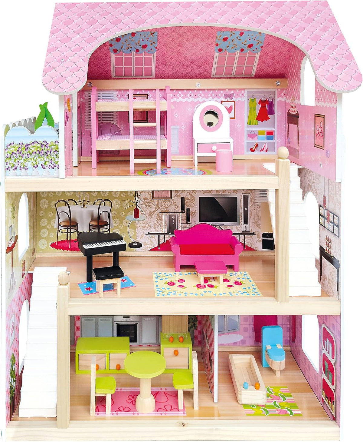 Bino World of Toys Casă de păpuși cu balcon, Jucărie pentru copii mici de la 3 ani, cu 3 etaje, scări, 4 camere și balcon incl. 15-TLG. Accesorii, Pentru a promova abilitățile copiilor, Design roz Casute de papusi Naty Shop Titlu implicit