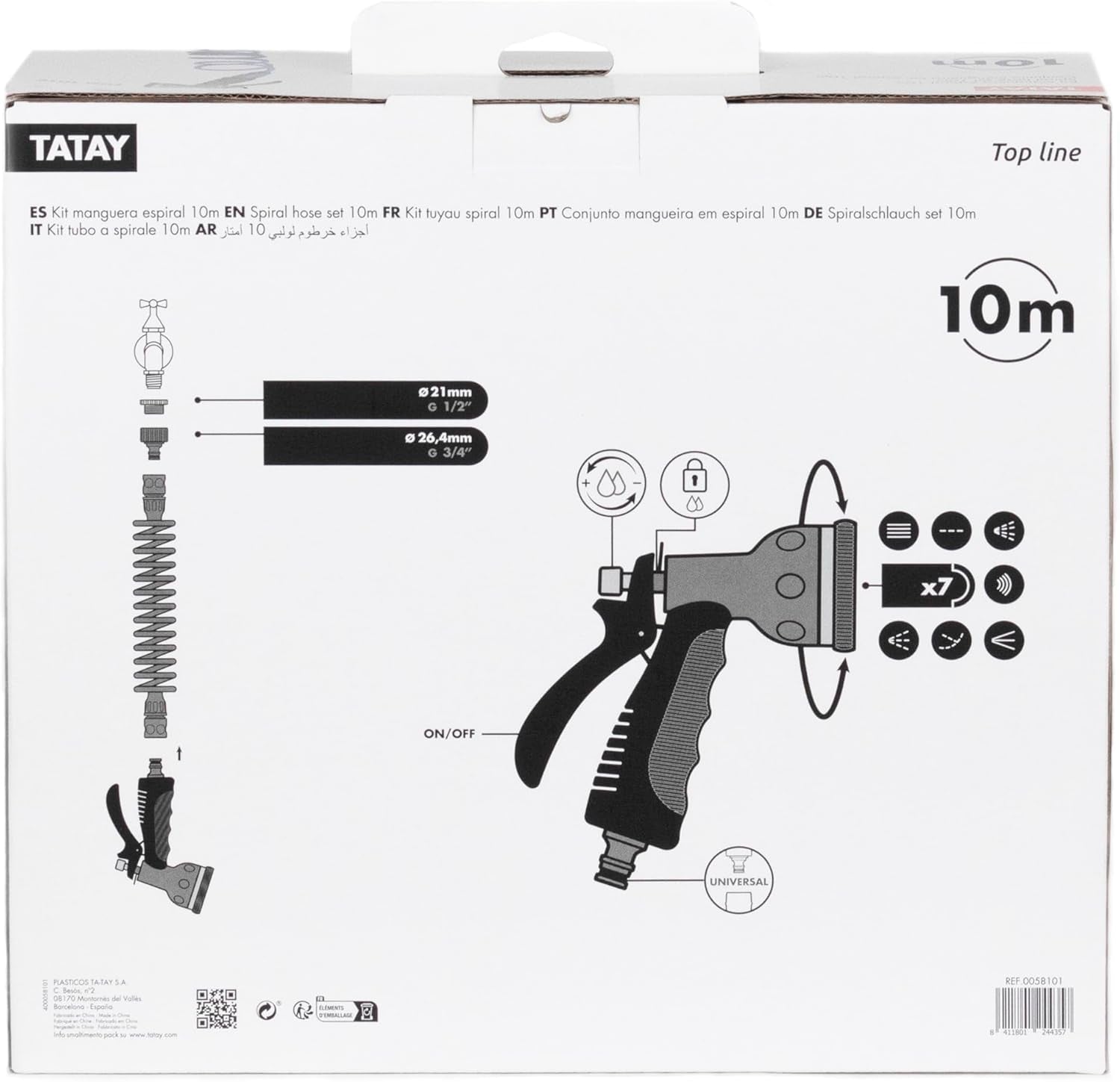 Set furtun spiralat TATAY 10 m cu accesorii din plastic cu protecție UV, ideal pentru terase și grădini mici.