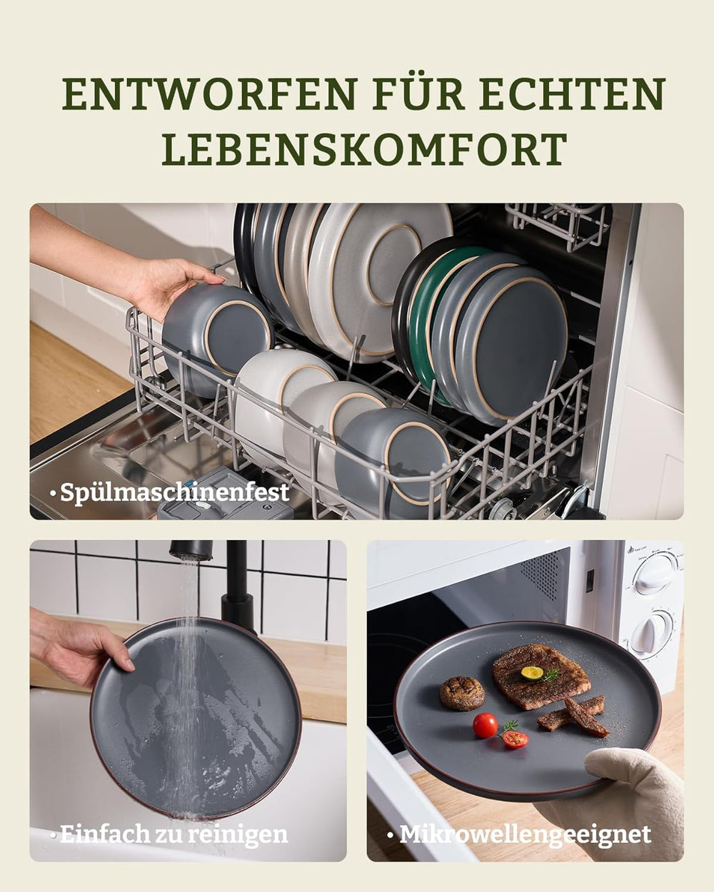 Set de veselă Mercury, set de farfurii cu 12 piese, set de veselă din gresie pentru 4 persoane cu farfurii de cină, farfurii de desert, boluri pentru cereale, potrivit pentru cuptorul cu microunde și mașina de spălat vase, gri cărbune