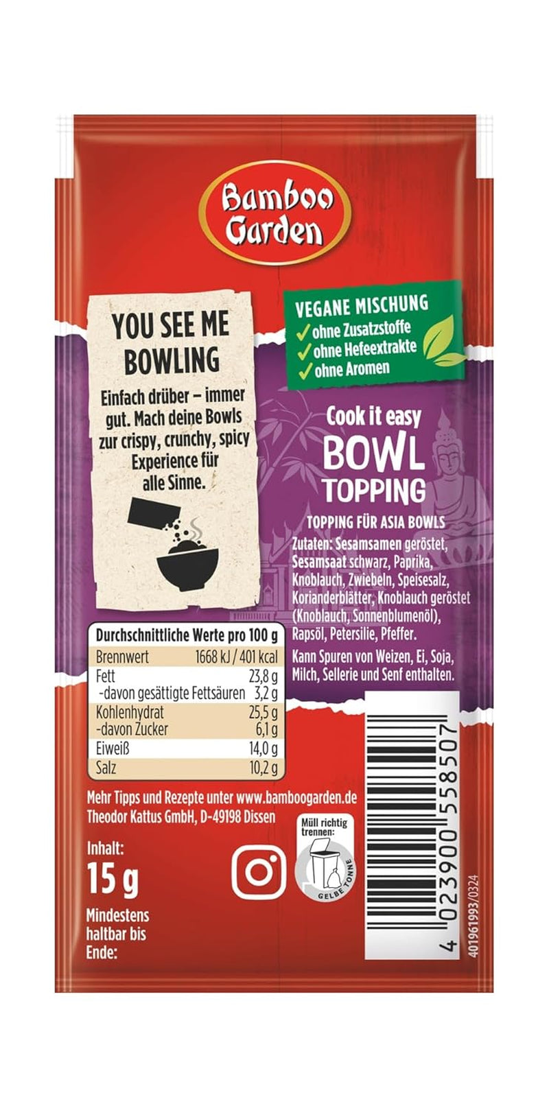 Jardín de bambú - Cobertura para cuencos | Gewürztopping zum Verfeinern von Asia Bowls | Ingredientes veganos y naturales | 15 gramos en bolsa