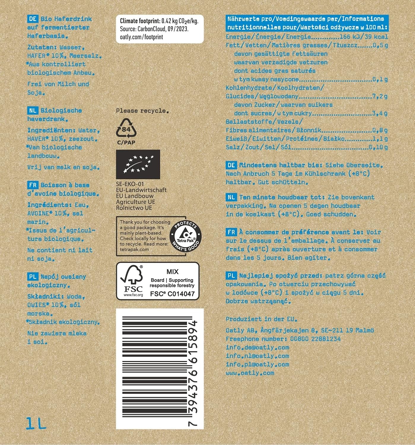 Oatly Haferdrink BIO 1L (paquete de 6)