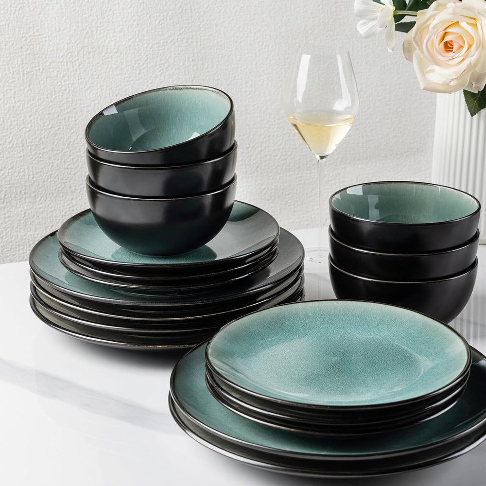 Set de veselă GBhome din gresie pentru 4 persoane, 12 piese, glazură reactivă, lucrat manual, potrivit pentru cuptorul cu microunde și mașina de spălat vase, set de bol și farfurie, culoare petrol, GDW025WB-EU