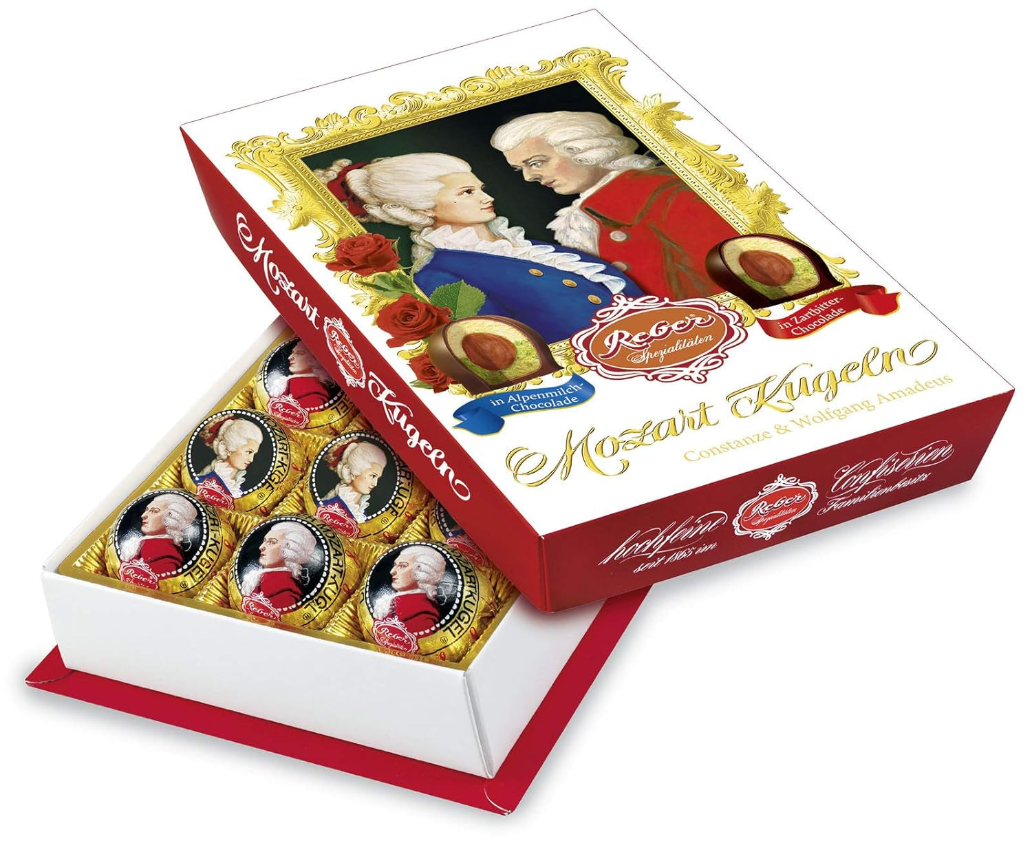 Reber Bolitas Mozart con chocolate negro, pack de 6 con mazapán y turrón, vegano - 1 x 120 g