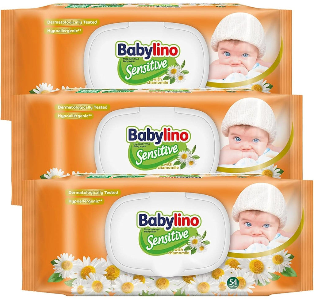 Șervețele pentru copii sensibili Babylino Sensitive, 0% parfum, 98% formulă naturală care restabilește valoarea pH-ului pielii Servetele Umede Bebelusi Naty Shop Mușețel (162 servetele)