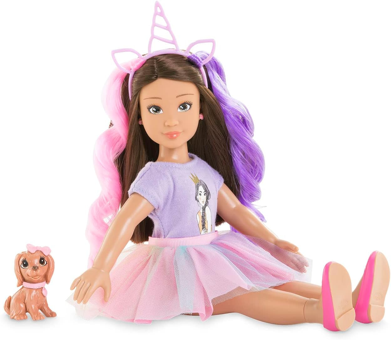 Corolle 9000600030 - Conjunto Luna Einhorn para niña, puppe de tobillo en traje de verano con perro, cinta para el pelo, anillos y gomas extra, puppe de 28 cm con Vanilleduft, de 4 años