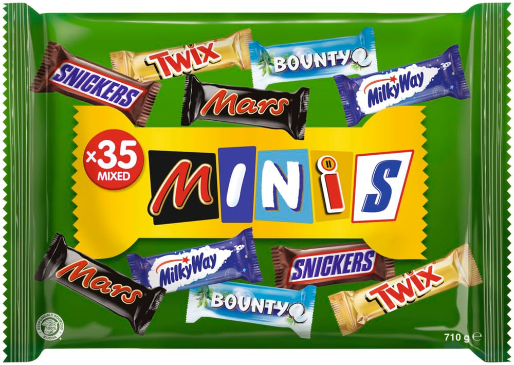 Mini paquete a granel de chocolate mixto, chocolate, 35 mini snacks de chocolate (Mars, Snickers, Bounty, Twix, Milky Way) como dulces, regalo de chocolate, caja de dulces (710 g)
