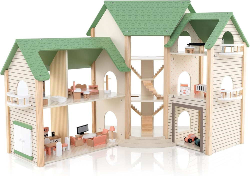 Casă de păpuși din lemn FANTASK, casă de păpuși de 83 cm înălțime cu 36 de piese de mobilier și accesorii, vilă de păpuși cu 6 camere, terasă și garaj, cadou pentru fete de la 3 ani Casute de papusi Naty Shop Titlu implicit