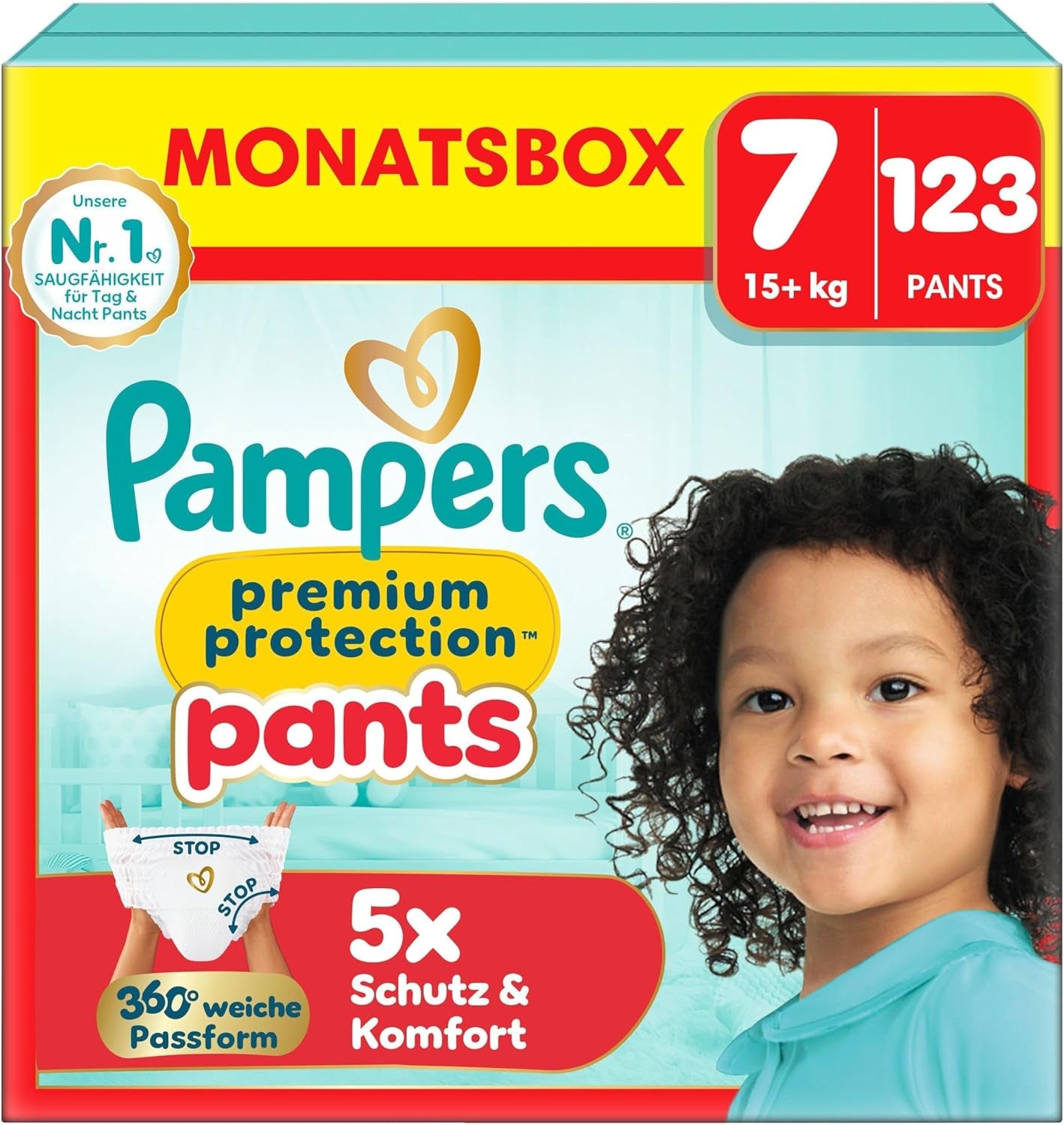 Pampers Premium Protection Pants talla 5, 144 pañales, 11 kg - 17 kg, con ajuste de 360° y puños suaves antifugas para una comodidad y protección óptimas