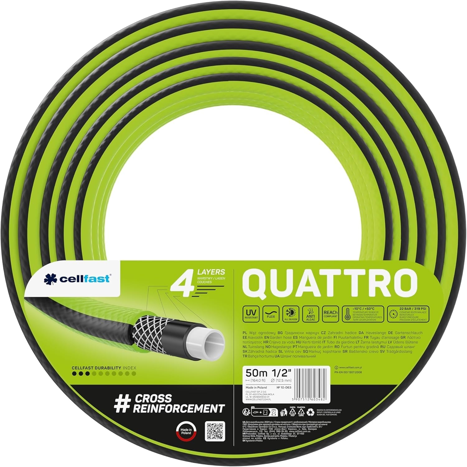 Furtun de grădină Cellfast QUATTRO, durabil, ușor, cu 4 straturi, rezistent la UV, furtun din fire, împletitură încrucișată, 20 bar, 3/4" 15m, 10-074