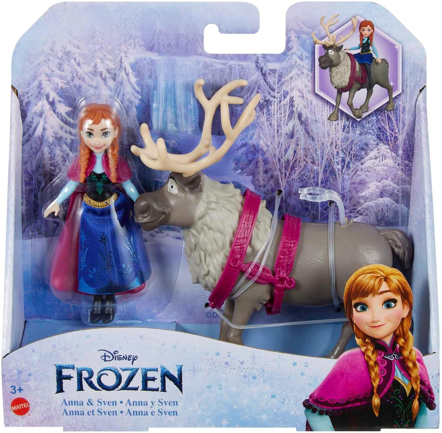 Mattel DISNEY Muñeca y figura de animal Anna & Sven, la reina de hielo, inspirada en los personajes animados, extremidades móviles, falda y capa desmontables, para niños de 3 años en adelante, HLX03 Naty Shop Dolls