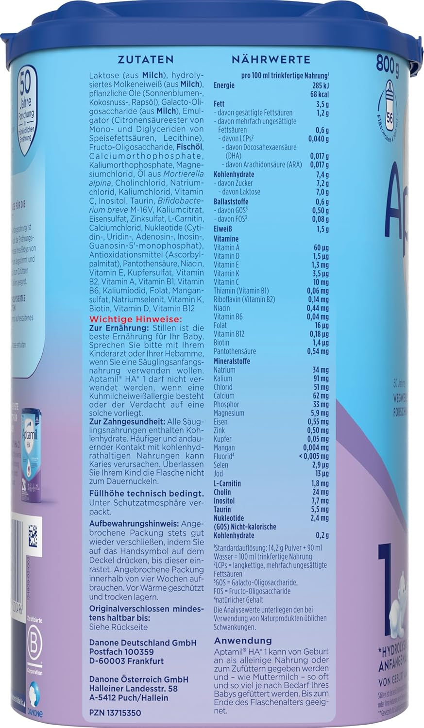 Aptamil HA 1 - Fórmula infantil desde el nacimiento, con DHA, sin lactosa, sin aceite de palma, papilla, leche en polvo, 1 x 800 g