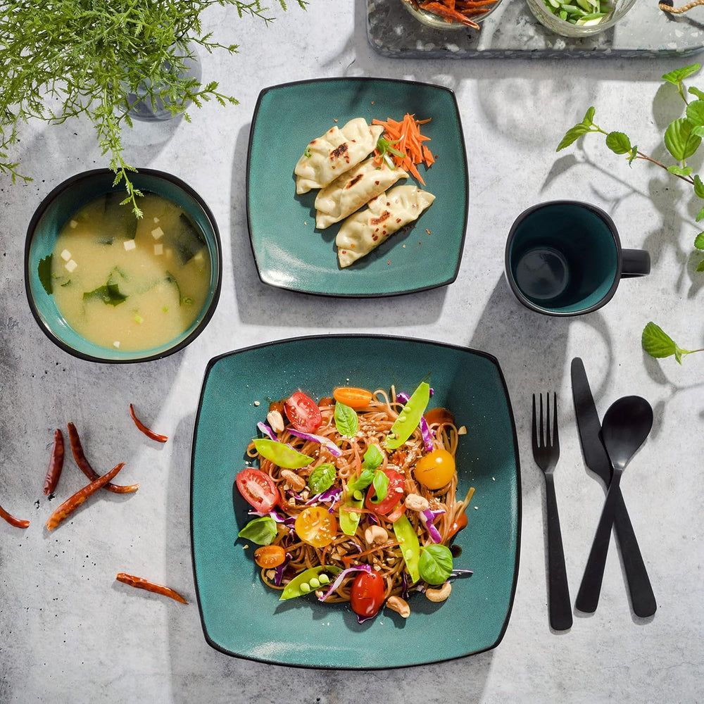 Set de veselă Gibson 99813.16R Elite Soho Lounge cu glazură reactivă pentru 4 persoane, 16 piese, efect bicolor albastru-verde/negru