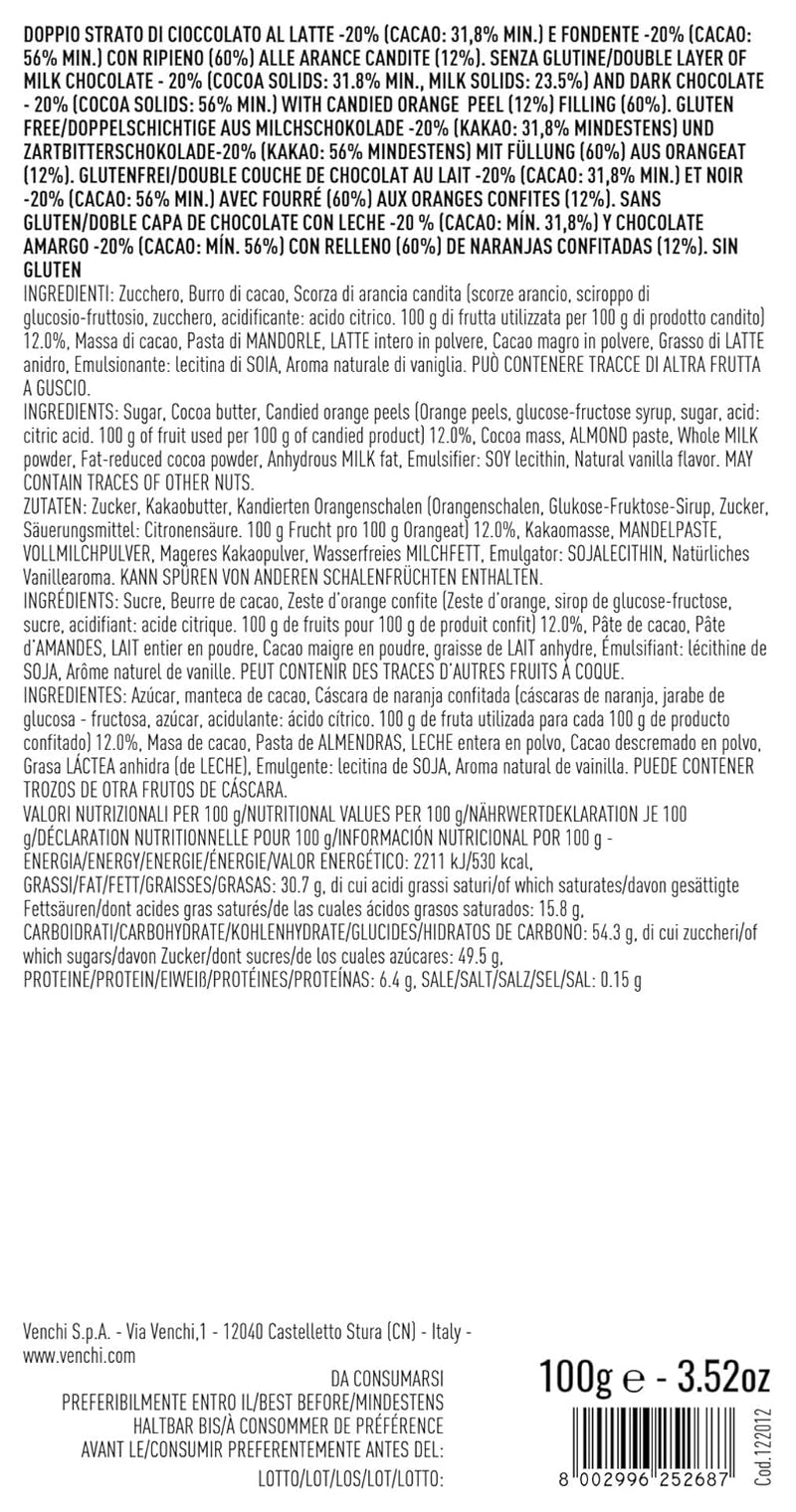 Venchi - Chocolate con leche y chocolate negro 56% puro con piel de naranja siciliana confitada, 100 g, sin gluten, sin colorantes ni conservantes