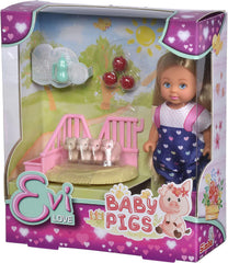 Simba 105733598 - Evi Love Baby Pigs, Puppe mit süßer Latzhose und Vier Babyschweinen, mit Äpfel, Trinkflasche und Gehege, 12cm Spielpuppe, ab 3 Jahren