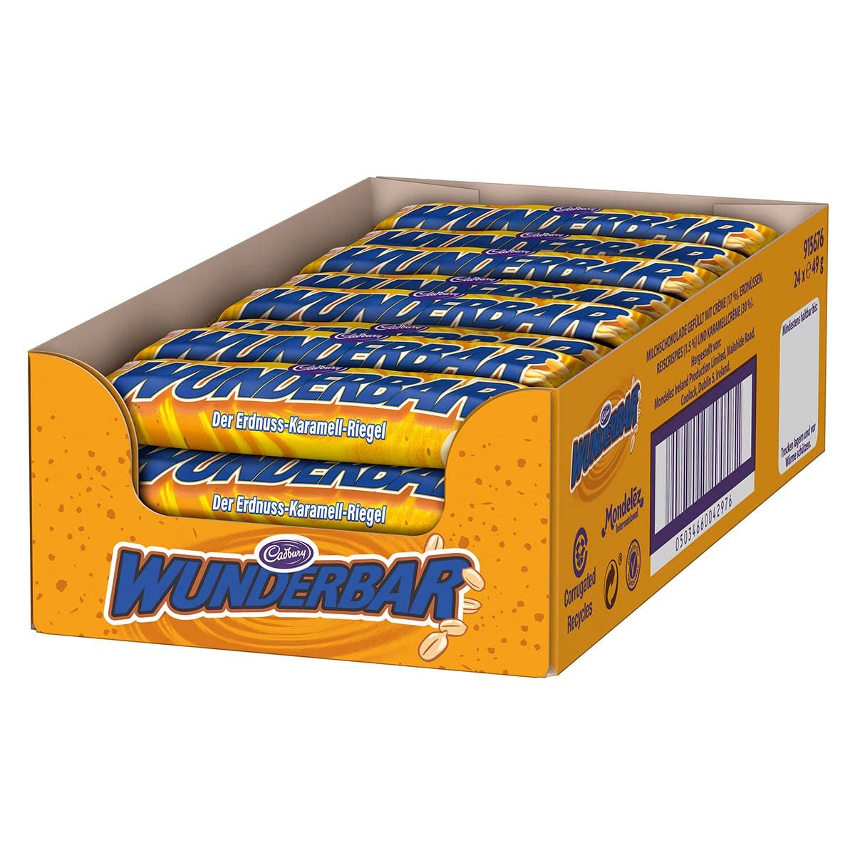 WUNDERBAR Peanuts – Barras de maní con caramelo envueltas individualmente con crujientes trozos de maní – 24 x 49g