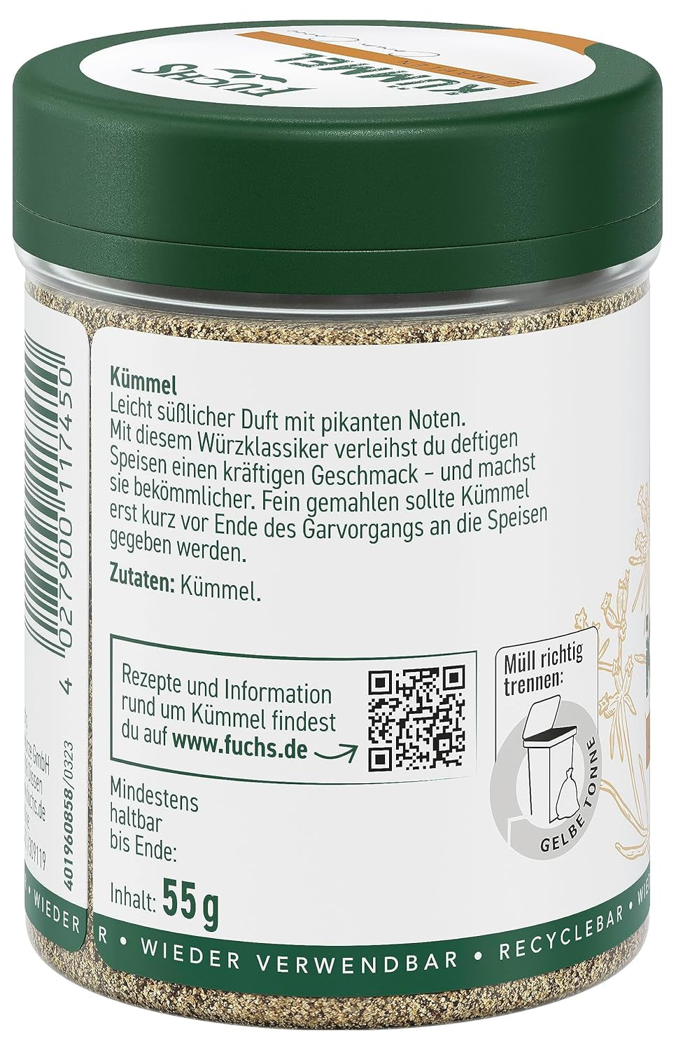 Fuchs Gewürze - Kümmel gemahlen - klassisches Gewürze für daftige Gerichte wie Chili con Carne - ingredientes naturales - 55 g en wiederverwendbarer, recyclebarer Dosis