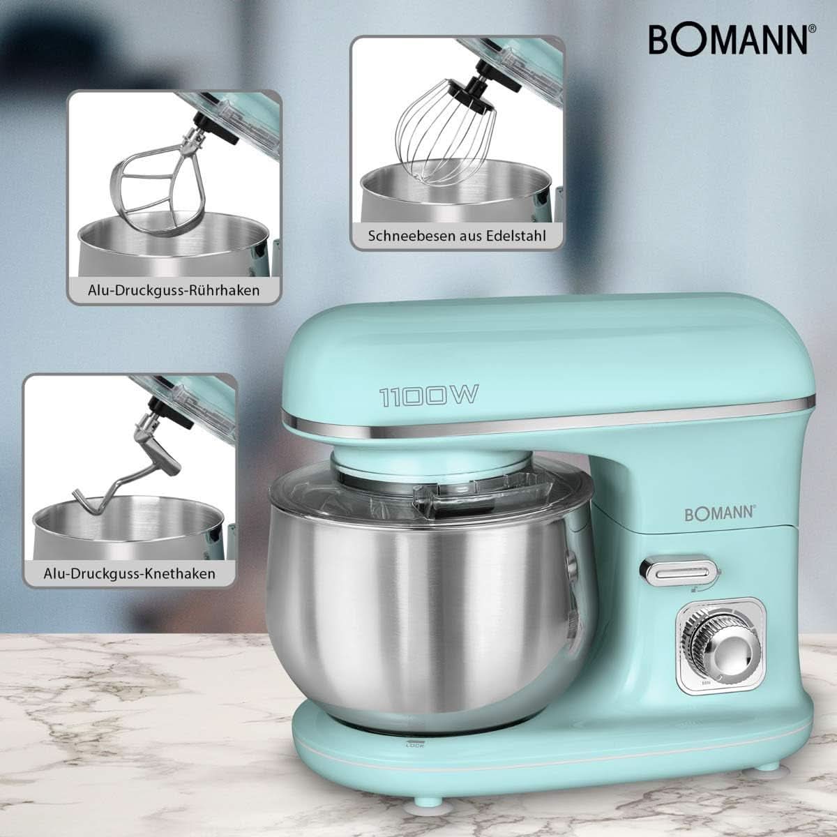Bomann® Retro Küchenmaschine Zum Backen | Máquina de tejer 5L | Motor más rígido de 1100 W | Teigmaschine Inkl. Haken y Schneebesen | Retro Teigknetmaschine Spritzschutz Mit Nachfüllöffnung – KM 6030 CB Mint-Grün Madre e hijo Naty Shop