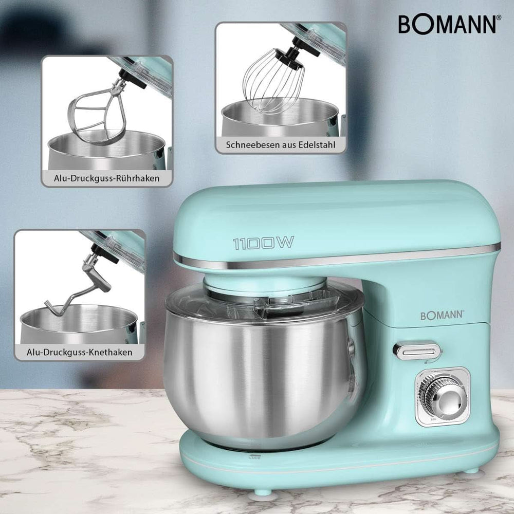 Bomann® Retro Küchenmaschine Zum Backen | Máquina de tejer 5L | Motor más rígido de 1100 W | Teigmaschine Inkl. Haken y Schneebesen | Retro Teigknetmaschine Spritzschutz Mit Nachfüllöffnung – KM 6030 CB Mint-Grün Madre e hijo Naty Shop