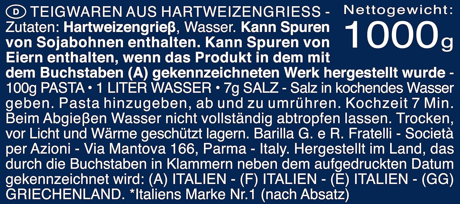 Pasta de trigo duro Barilla Maccheroni n. 44 – Paquete de 1 (1x1kg)