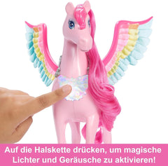 Barbie A Hidden Magic Pegaso - Juguete interactivo con luces y sonidos, 10 accesorios, alas de arcoíris, para niños a partir de 3 años, HLC41 Naty Shop Muñecas