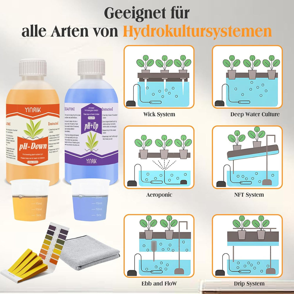 Regulador de pH para hidroponía, líquido para aumentar y disminuir el pH, líquido regulador de pH para reducir o aumentar el valor del pH, tampón premium de 250 ml, adecuado para todos los sistemas hidropónicos (suelo y agua)
