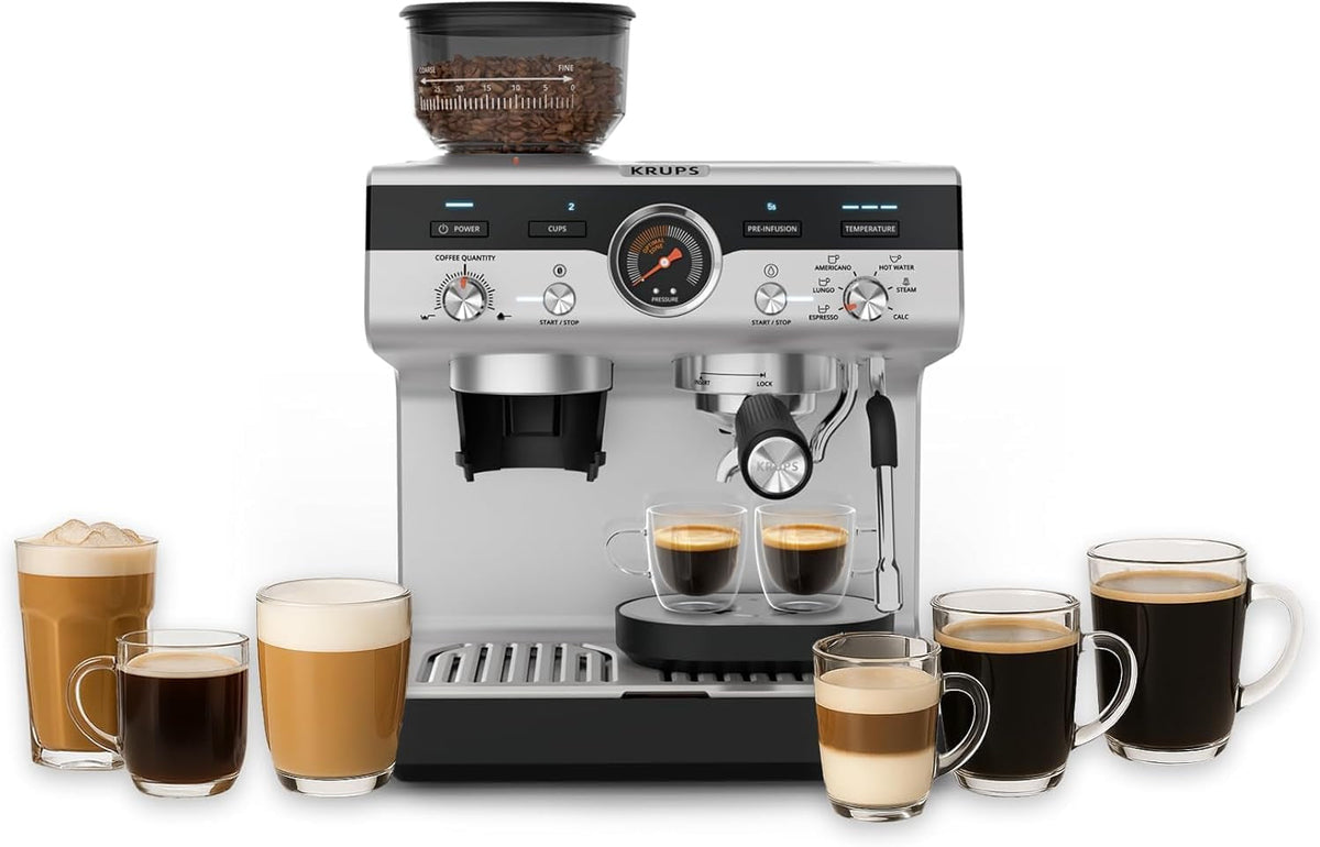 Espressor manual Krups Precision cu portafiltru și râșniță, aparat de cafea barista cu panou de control intuitiv, setări de pre-infuzare, espressor cu duză de abur, încălzire rapidă, XP801T10