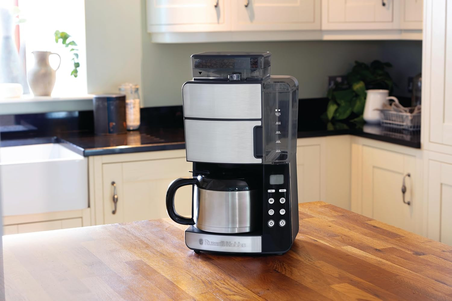Cafetieră Russell Hobbs cu râșniță și carafă termică [temporizator digital, cap de duș pentru extracție și aromă optime] Grind&Brew (1-10 cești, 3 setări de măcinare) Cafetieră cu filtru 25620-56